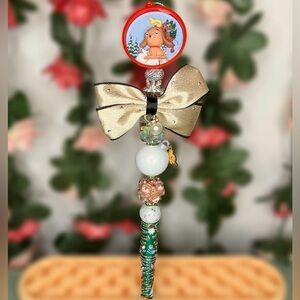 Upcycled Ornament Max as a Reindeer Dog Christmas Handmade Beaded Pen with Bow